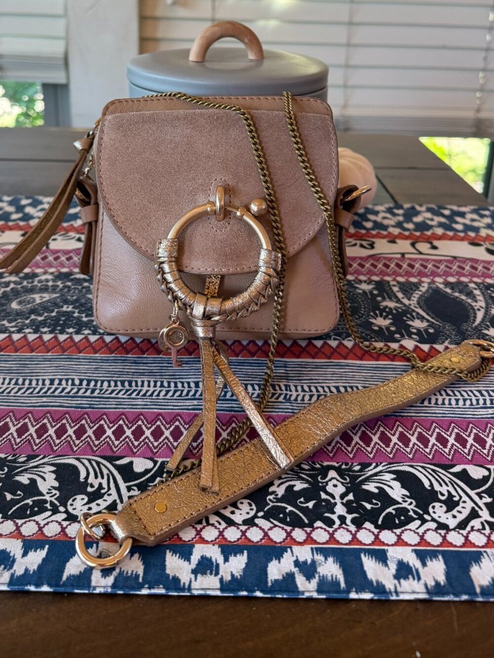 See by Chloe Tan and Gold Ring Joan Camera Crossbody with COA, Leather Suede EUC